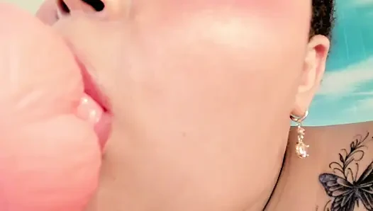 BBW Mistress puts on a giant dildo and masturbates him in front of the camera.