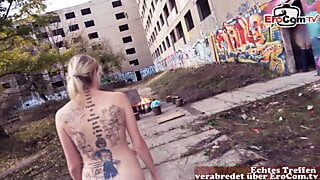 German blonde with small tits and tattoos during an outdoor sex date