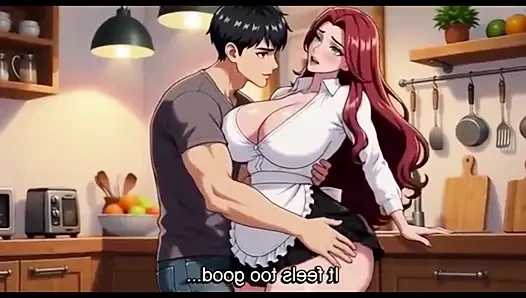 Üvey anne üvey oğluna mutfakta seksi tarzda özel bir rekrep öğretiyor