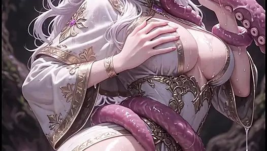 Weißhaarige elfen priesterin mit Wurm monster, Anime Hentai