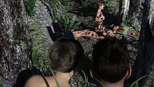 Alex fingert stiefschwestern-muschi, während sie paar beim sex im wald beobachten