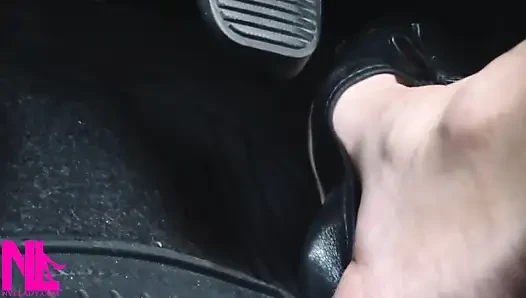 Revving and Driving in Black Leather Flats on Barefeet