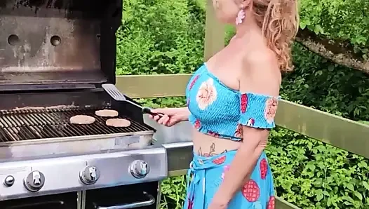 OnlyFans Voyeur look at MOMMY Enjoying the Summer Barbecuing Meat with her BIG TITS Out in the Sunshine