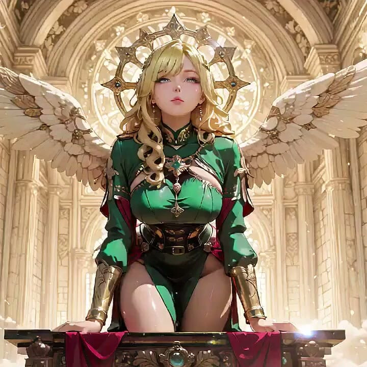 Blond Angel Queen! Święte klękanie w Wielkiej Katedrze, zielona szata ledwo ukrywa swoje miękkie krzywe