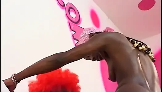 A pretty ebony small-titted babe stands astride and gets dick inside