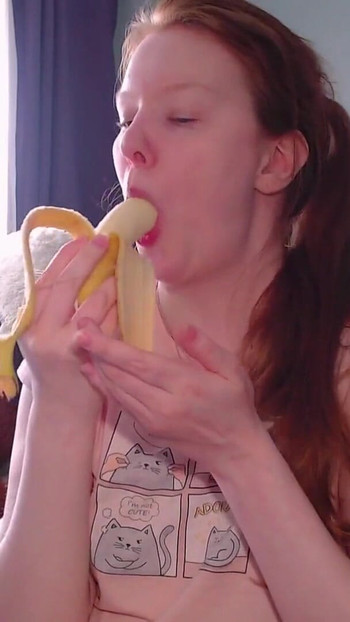 Spectacular moment from "It's time for a sweet snack! This banana looks soooo much like your dick! Look how greedily I suck it!"