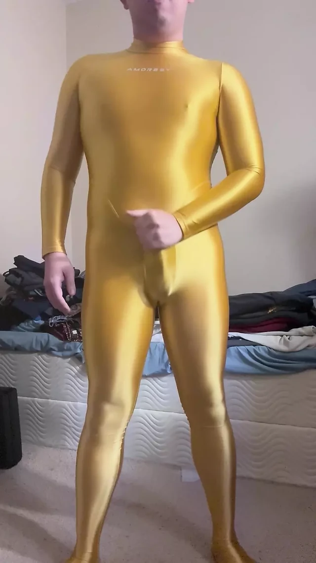 Yellow Gold Amoresy Spandex Suit! Keep Jerk Off with Condom and Cum