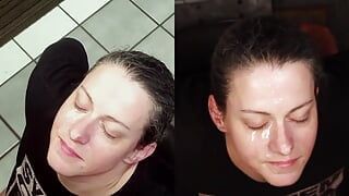 Камшот на лицо Dirty Dees на раздельном экране в домашнем любительском видео