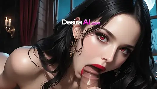 Brunette vampire woman spreads her thighs wide and fingers her pussy deep, shuddering from intense orgasm  AI Generated