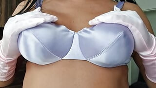 Caressing my round meaty boobs under my satin vs bra