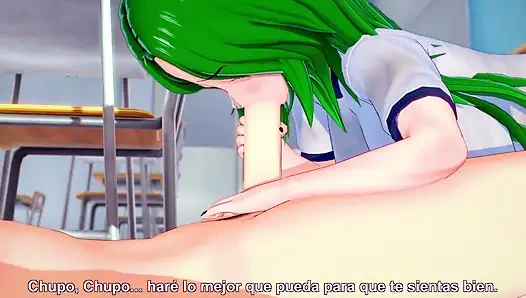 Busty green-haired schoolgirl has sex with her boyfriend after Hentai classes