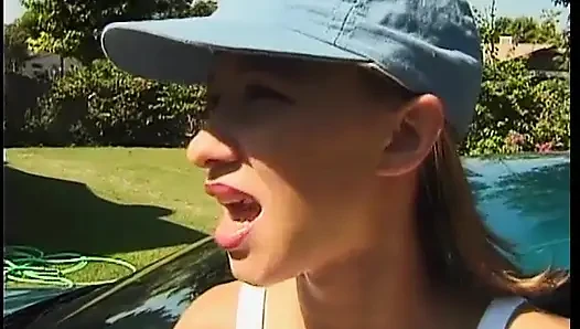 Young girl with hairy pussy fucked doggystyle in a garden