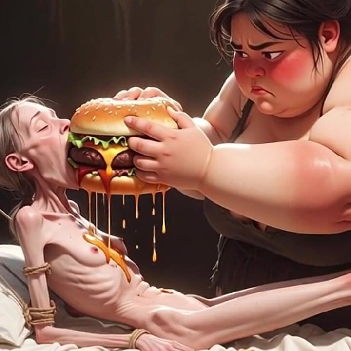 Extremely Skinny Girl Fed by Massive SSBBW - Extreme Feederism Contrast
