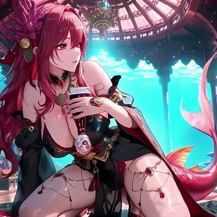 Red-haired Mermaid in Black Gown! Kneeling by the Pool, Lips & Mesmerizing Eyes.