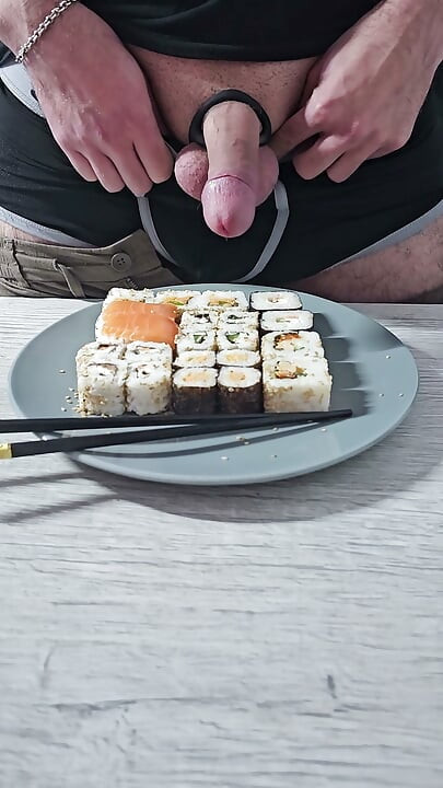Hand Free Cum On Maki And Sushi