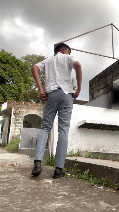 Asian Boy in School Uniform Outdoor Masturbation