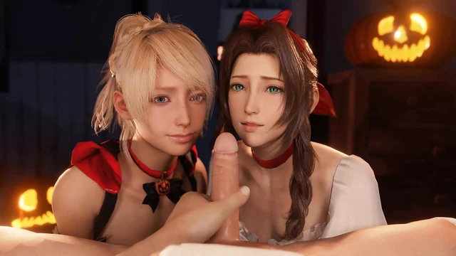 Aerith and Lunafreya gives blowjob