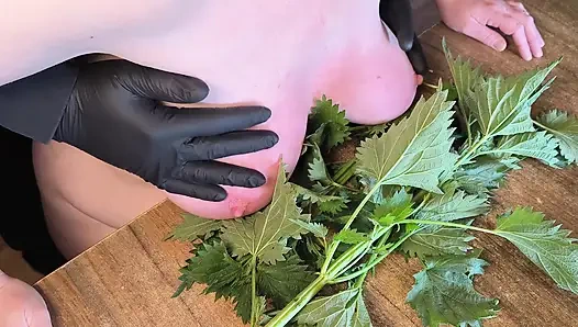 Naked tits in nettles - then hit hard