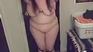 Chubby girl stands, falls in bondage