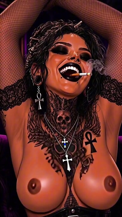 KI-generierte rauchende Gothin kehrt auf beliebte Nachfrage zurück, Smoking-Fetisch JOI POV Dirty Talk tanzende Titten Striptease Anime-Tattoos