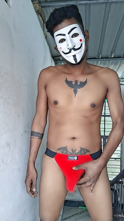 Open cock red thong Desi solo