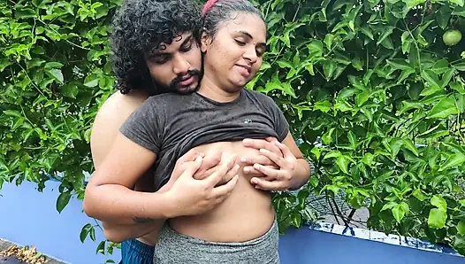 out door terrace rain romance with boobs suck and boobs press