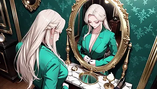 Green Suit Sekreter! Çalışma odasındaki dosyaları organize etmek için emir alan kadın, kasten derin v yakasını ve uzun bacaklarını ortaya çıkarıyor.