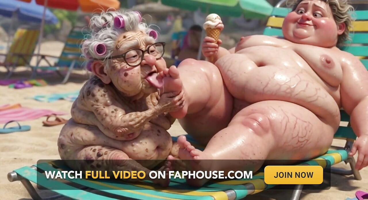 Abuela mayor chupando apasionadamente pies de grandota en la playa