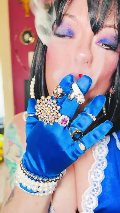 Tina Snua Chain Smokes 2 Cork Cigarettes In Satin With Gloves & Jewellery! - British Mature Smoking Smoker