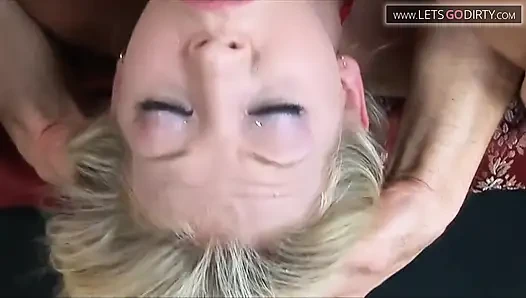 Blonde girl eats cum after gagging on a huge cock