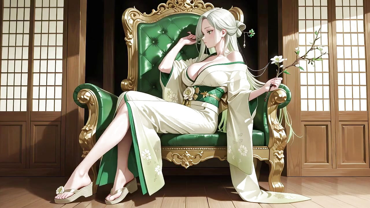 Silver-haired Shrine Maiden Secrets! Languidly Reclining in a Red Corridor, Her Bare Shoulders and Lush Thighs Exposed