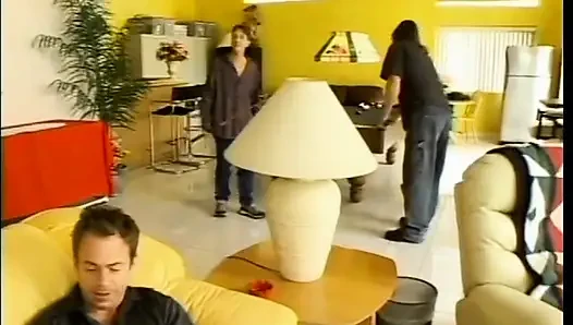 Lusty Annie deep throats two cocks then gets double facial