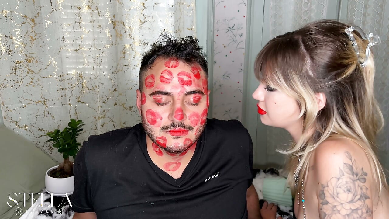 Red Lipstick Kisses Cover His Entire Face
