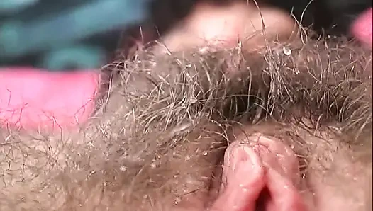 Horny hairy cutie petite gets cum on her hairy snatch
