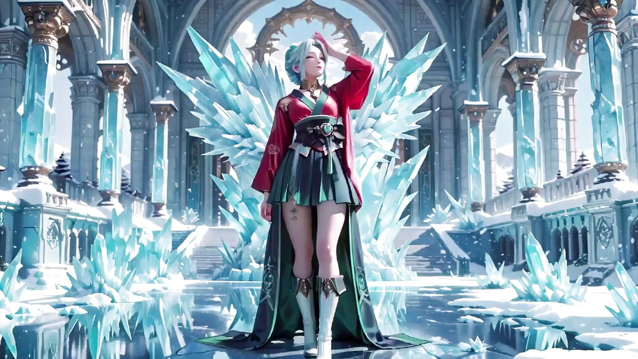 Ice Throne! Silver-haired Mage in Red-green Gown Kneeling, Blue-haired Partner Teasing in Realm!
