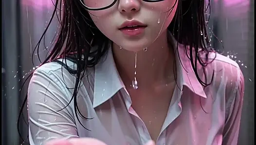Süßes asiatisches 3d Anime Mädchen winkt dich im Regen zu ihr in die Gasse