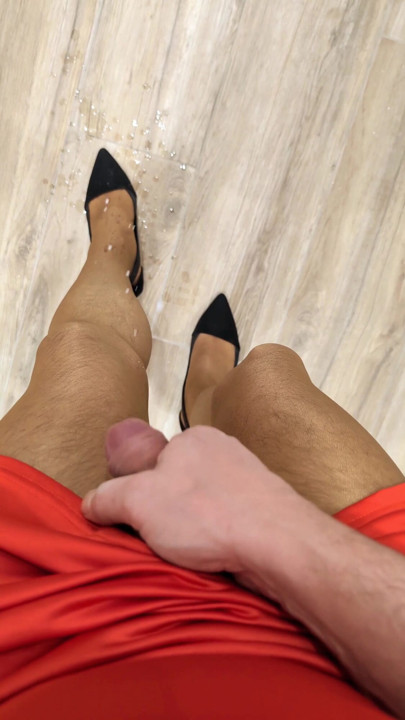 Wank and cum in tan pantyhose, heels and red dress | Clip 1