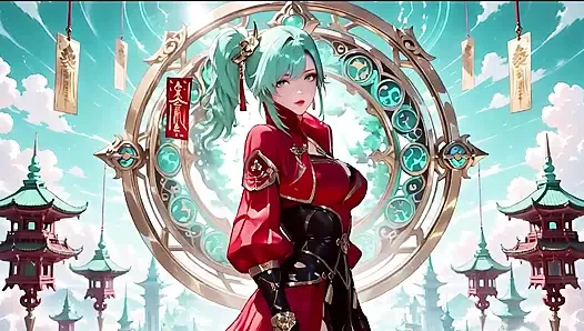 Green-haired warrior in a black-red battle robe, commanding yet shy on the floating terrace.