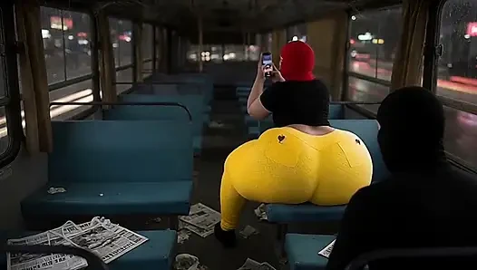 Big Ass Girl in Tight Yellow Leggings Waiting for the Bus