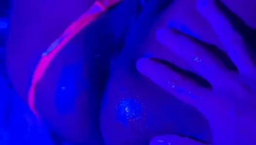 Ebony Goddess Leaking: Neon Thong & Dildo Squirt