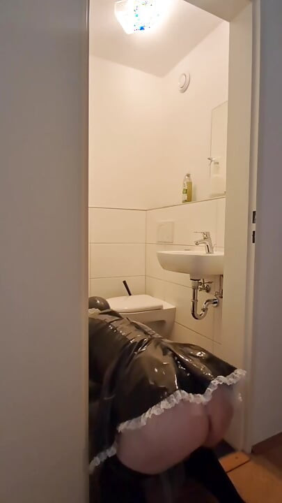 Caged Sissy Maid Slave - Cleaning the Bathroom for Mistress and Her Boyfriend