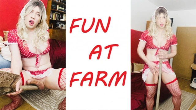 Blonde tranny with big cock has Fun at farm (full video)
