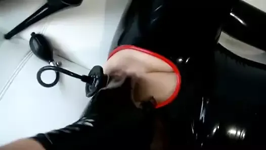 Latex Gas Mask Masturbation With Anal Plug