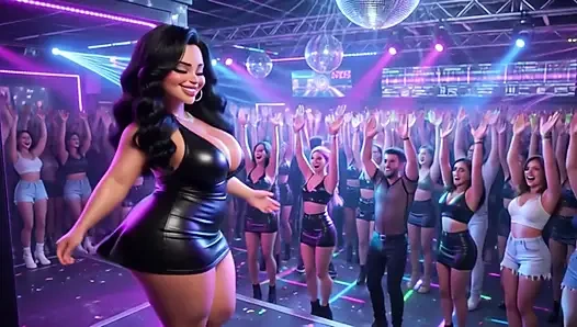 Schöne frau genießt aufregende nacht im lebhaften club, tanzt, küsst männer und wird komplett nackt auf allen vieren