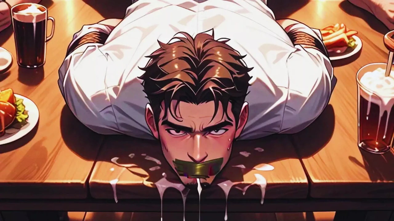 Hot Gay Sex with Waiters in During Dinner. Hard Cock in the Ass and Cum on the Customers’ Food.