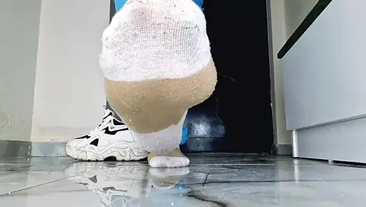 After a long walk in sneakers, my feet are sweaty. It's time for a foot massage from my submissive.