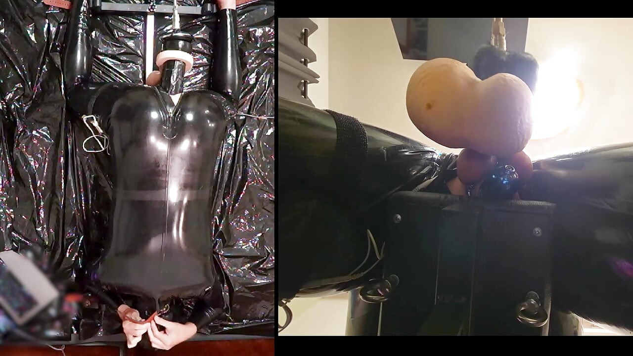 Session in the pillory with Latex Catsuit, PA Chastity, Giant Didildo and Estim