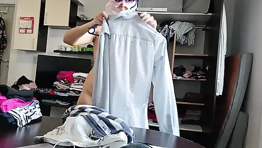 Amateur Woman Has Fun Trying on Clothes and Cutting Them