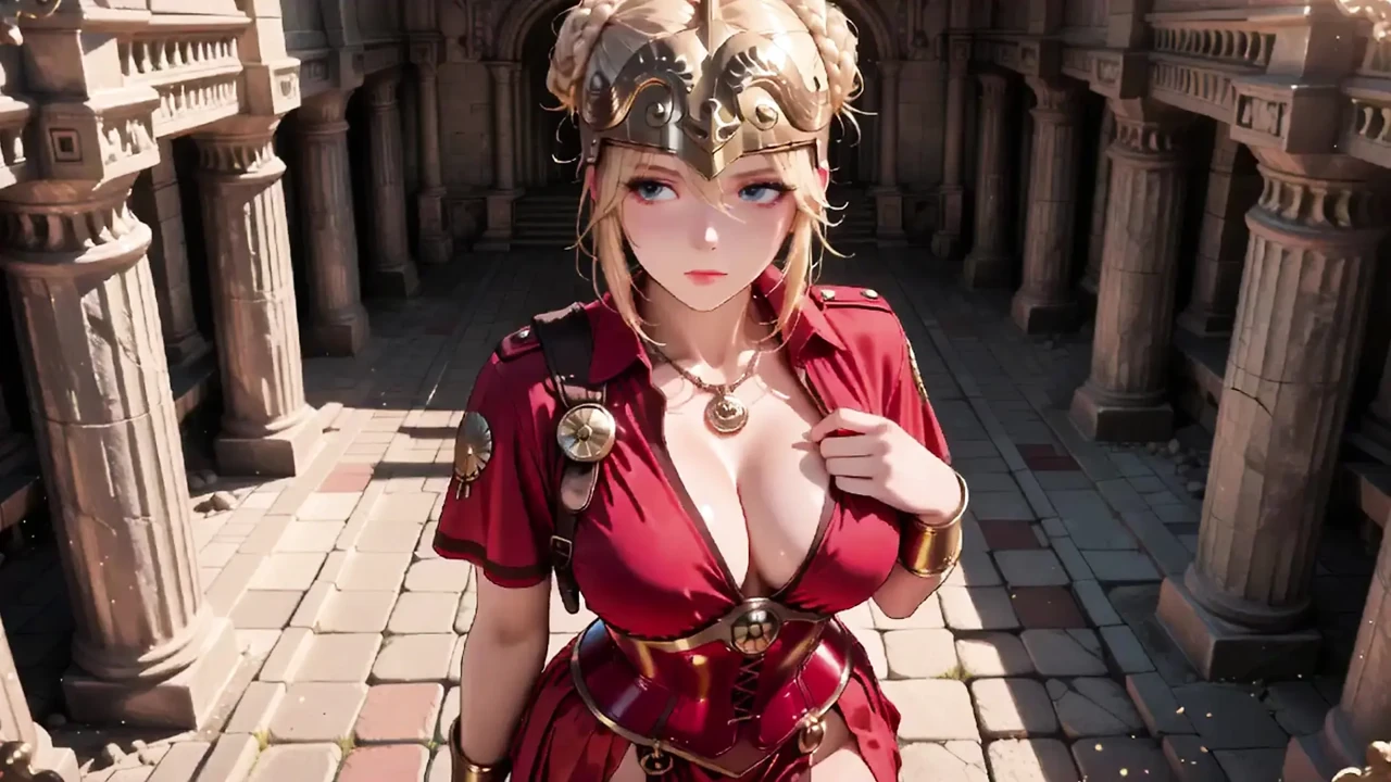 Red Armor Queen! Forbidden Gaze in the Roman Corridor, Skirt Lift Reveal, Hand on Lips Teasing You...