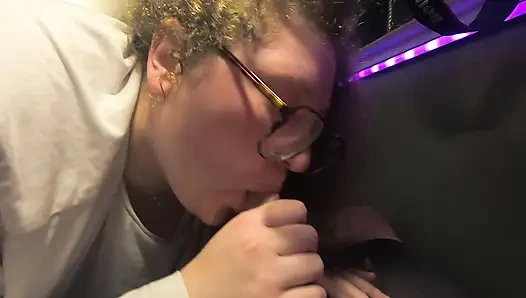 Innocent Chubby white nerd girl with glasses sucks cock and licks up the cum